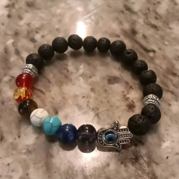 Genuine Chakra Healing Natural Stone Bead Evil Eye Hamsa Bracelet - Picture 4 of 5
